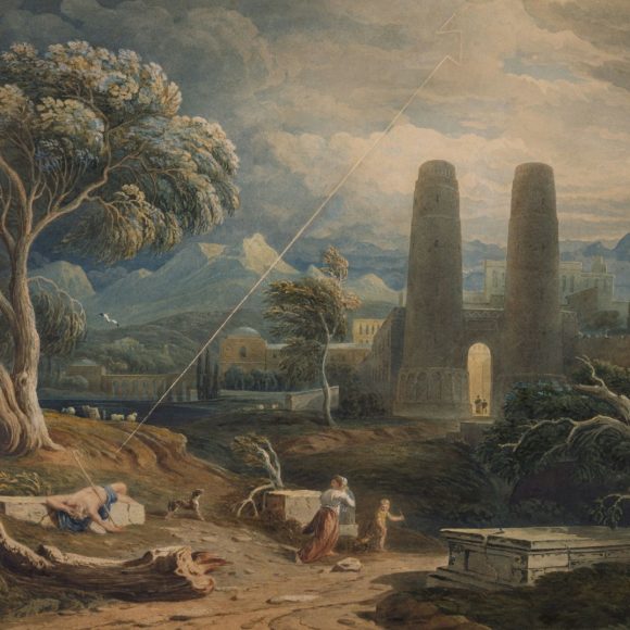 a painting of a landscape with people and animals