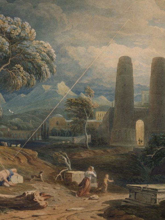 a painting of a landscape with people and animals