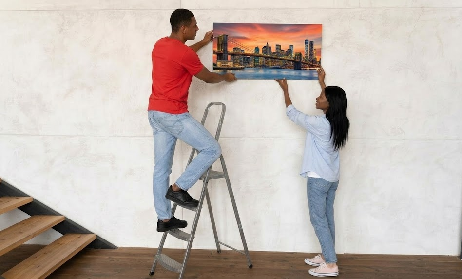 A man on a ladder and a woman hang a city skyline picture on a wall
